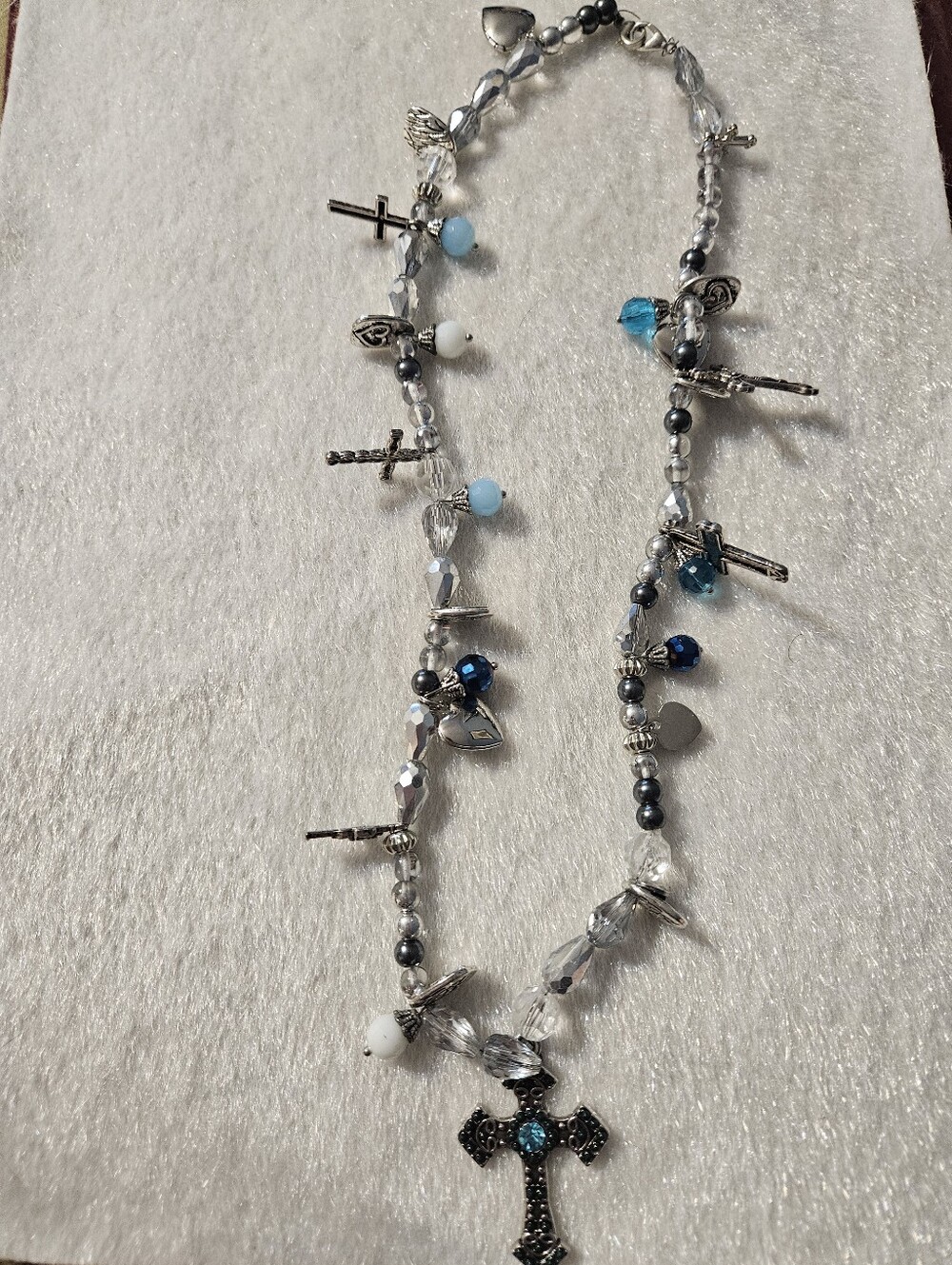 Silver Cross Charm Necklace with Blue and White Beads